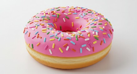 Indulge in pure joy with a vibrant pink frosted donut generously topped with colorful sprinkles, perfect for sweet cravings and celebratory moments.