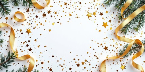 Elegant Holiday Flatlay Featuring Golden Ribbons, Sparkling Stars, and Fresh Pine Greenery for a Luxurious Festive Vibe
