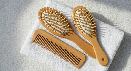 Natural wooden hairbrush and comb set on soft white towel, promoting gentle hair care and spa experience