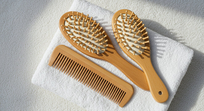 Natural wooden hairbrush and comb set on soft white towel, promoting gentle hair care and spa experience