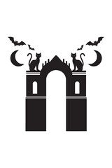 Vector art of black silhouette of a gothic archway with cats and bats against a crescent moon