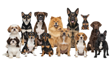 Twelve diverse, well-groomed purebred and mixed-breed dogs, sitting/standing in a row, looking at camera in a bright studio with white background, copy space, concept of canine diversity and charm.