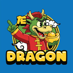 Cute dragon in traditional outfit holding gold ingot, celebrating Chinese New Year Illustration