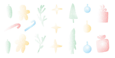 Soft colorful grain noise Christmas elements set. Transition dotwork gradient xmas balls, twinkles and gift boxes with gingerbread cookies. Blue, green and red winter shapes. Vector paint spray icons.