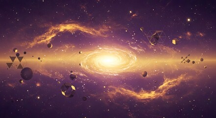 Naklejka premium A bright spiral galaxy with gold nebula stars geometric shapes and planets against a purple and gold space background