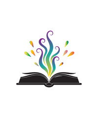 Vector art of an open book with colorful smoke or energy emanating from its pages, isolated on a