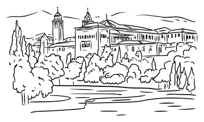 Obraz premium Historic Hilltop Palace with Towers and Garden Trees – Hand‑Drawn European Heritage Landmark Landscape Vector Illustration