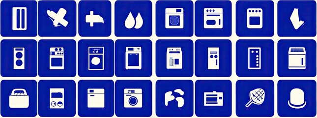 Grid of simple white icons representing various appliances and household items on a deep blue background