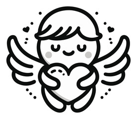 Cute Cartoon Angel Holding Heart – Adorable Winged Cherub Love Icon, Kawaii Line Art Vector Illustration