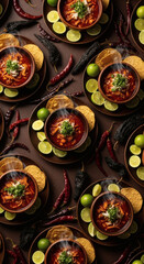 Fototapeta premium Dark and Moody Flat Lay Pattern of Authentic Mexican Pozole Soup