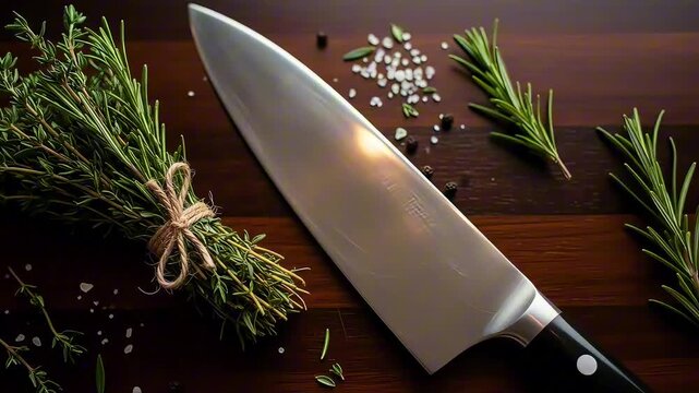 Gleaming chef's knife, fresh aromatic herbs, and sparkling sea salt on a dark wooden board, paramount for meticulous culinary preparation