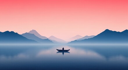 Silhouette of person in boat on calm water with mountain and sky