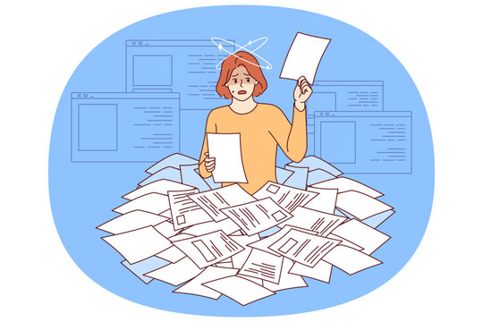 Paperwork and bureaucracy make woman recruiter dizzy as she looks through mountain of paper resumes. Problem of paperwork and lack of digitalization of data causing stress for ladies