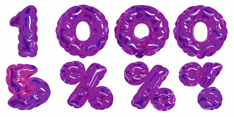 Purple liquid number one thousand and percentage symbols with glossy texture