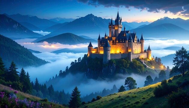 Majestic castle perched atop misty mountain