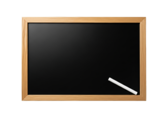 Traditional school slate with dark charcoal gray surface and light oak frame, white chalk on corner, seamless transparent background, copy space, inviting learning concept