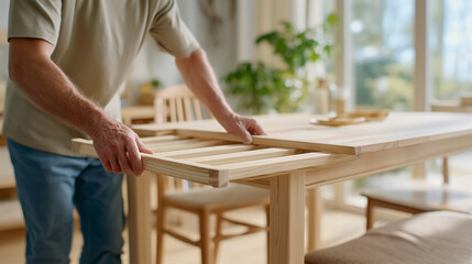 Person assembling wooden extendable dining table in bright cozy home interior