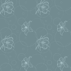 Seamless pattern flowers and circles with a white outline on a gray-blue background
