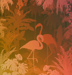 Vector landscape with flamingos and tropical plants	