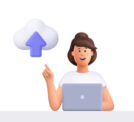 Young smiling woman Jane working on laptop, pointing at cloud with upload arrow. Cloud storage, upload files, online data, cloud computing concept. 3d vector people character. Cartoon minimal style.