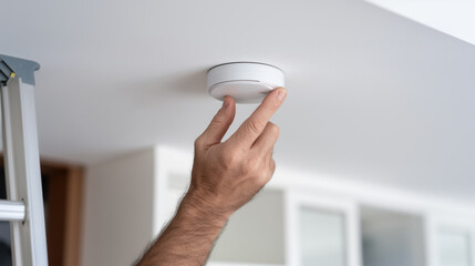 Hand installing smoke detector on ceiling for home safety