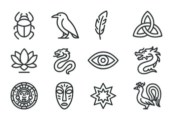 Obraz premium Cross-Cultural Dream Icons. Outline icon set of Cross-cultural dream symbols: Egyptian scarab, Norse raven,
