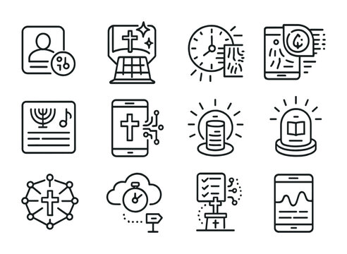 Innovative Faith Icons. Outline icon set of Personalized AI worship: digital prayer profile, holographic faith