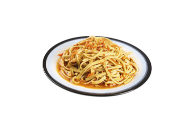 Fresh Pasta Noodles with Vegetables on White Plate Isolated on White Background