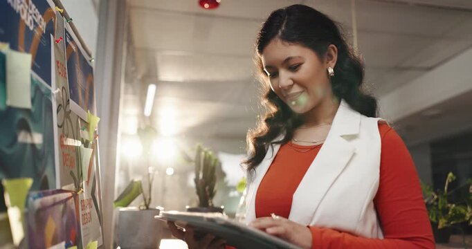 Tablet, story board and businesswoman in office with thinking for creative project for publishing. Digital technology, research and magazine editor with sticky note planning for article in workplace.