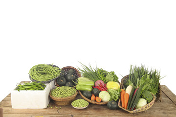 Fresh Organic Farm Vegetables and Produce in Rustic Baskets on Wooden Table