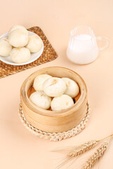 Fresh Steamed Chinese Bao Buns in Bamboo Steamer Traditional Asian Dim Sum Breakfast Cuisine