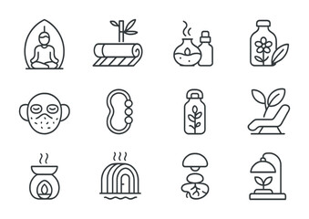 Eco Wellness Icons. Outline icon set of Eco rituals and wellness: plant meditation pod, bamboo yoga mat,