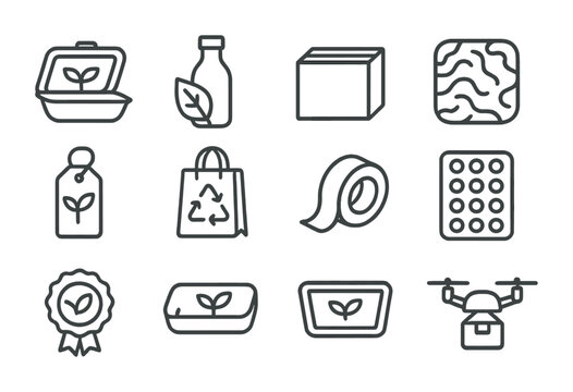 Eco Packaging Icons. Outline icon set of Smart eco packaging: compostable container, algae bottle, bamboo box,
