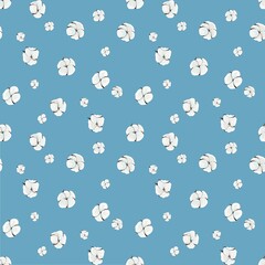 Seamless pattern of cotton flowers on a blue background