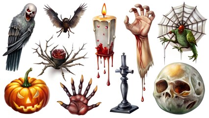 Naklejka premium Assortment of Spooky Halloween Elements and Creatures.