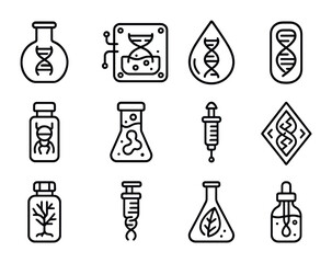 Bio-Digital Elixir Icons. Outline icon set of Bio-Digital Elixirs: DNA helix in flask, biochip potion, genetic