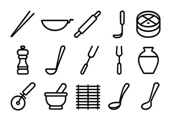 Obraz premium Global Kitchen Icons. Outline icon set of global kitchen tools: chopsticks, wok pan, rolling pin, bamboo
