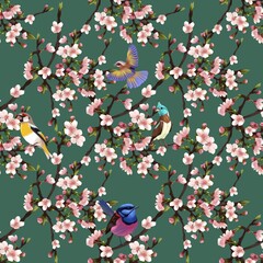 seamless pattern of rose branches and birds