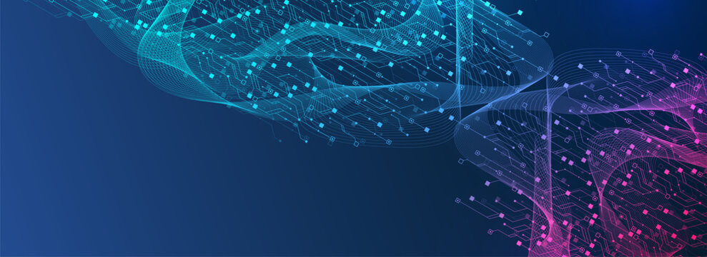 Modern technology circuit board texture background design. Quantum computer technologies concepts, large data processing. Futuristic blue circuit board background. Minimal vector motherboard