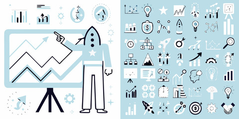 Cartoon character pointing at a growing graph on a whiteboard surrounded by business and finance icons