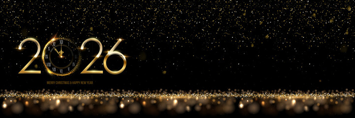 2026 Happy New Year greeting card vector background. 2026 golden numbers with clock countdown, falling confetti and glow light effects. Luxury festive sparkle holiday postcard, invitation, banner.