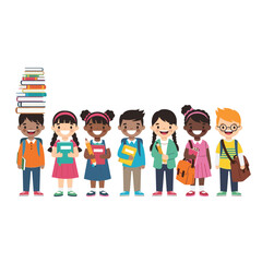 Fototapeta premium Diverse group of happy young children with backpacks and books ready for school adventures