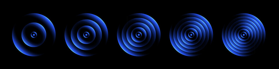 Sound wave rings. Glowing neon blue wifi, wireless network, signal circles with futuristic motion ripple effect isolated on black background. Tech abstract vector illustration.