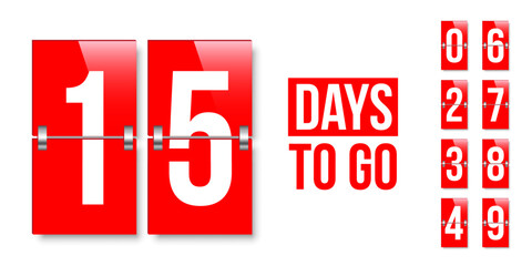 Countdown days to go poster. Count time display with all numbers from zero to nine. Sales or promotion clock. Realistic vector illustration isolated on white.