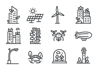 Naklejka premium Solarpunk Skyline Icons. Outline icon set of solarpunk urban skylines: green skyscraper, solar panels, wind
