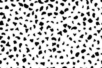 Dalmatian seamless pattern. Black irregular spots on white background creating animal fur texture. Cow, dog, leopard print design for textile, wallpaper, wrapping paper. Abstract vector illustration.