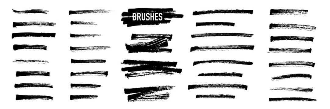 Black highlight marker lines isolated on white background. Various marker pen strokes with different length and thickness hand drawn set. Realistic vector graphic modern design elements.