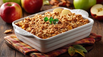 Homemade apple crumble dessert with oat topping in rustic ceramic baking dish. Apple crisp in a rustic baking dish, oat topping, concept of homemade autumn dessert comfort food