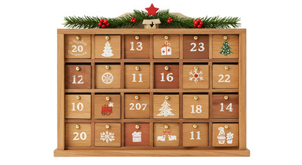 Countdown to Christmas joy with this charming wooden advent calendar filled with festive surprises isolated on white transparent background