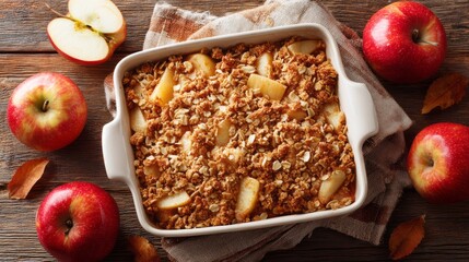 Homemade apple crumble dessert with oat topping in rustic ceramic baking dish. Apple crisp in a rustic baking dish, oat topping, concept of homemade autumn dessert comfort food